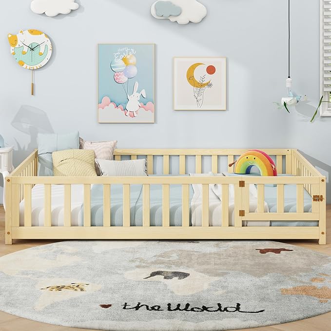 Giantex Full Floor Bed with Fence for Kids, Montessori Bed Frame with Door and Safety Guardrails, Solid Wood Floor BedsFull with Slats Support for Kids Boys Girls, Natural