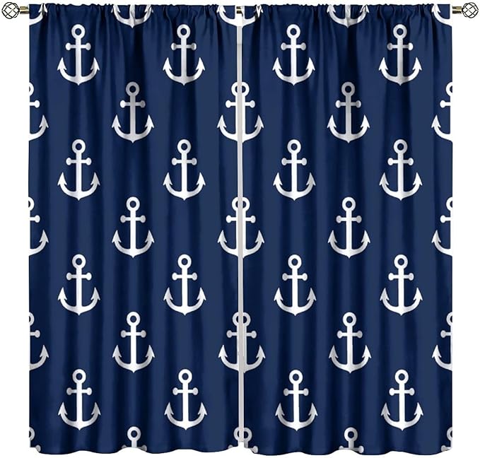 Nautical Costal Curtains,MarineThemed Oceanic Anchor Pattern Blackout Print Home Bedroom Living Room Window Treatments 2 Panel Set 52x84 Inch