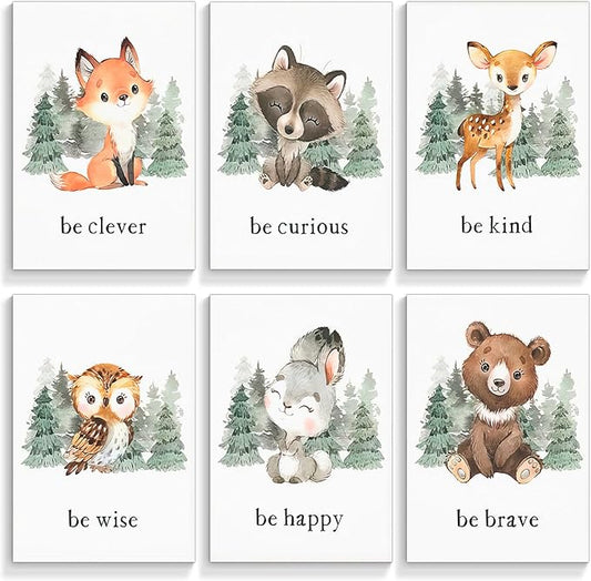 gooptyinh Woodland Nursery Animal Canvas Wall Art, 6 Piece Inspirational Forest Animals Print Posters, Motivational Quotes Cute Bear Fox Rabbit Deer Raccoon Owl Decor for Baby Bedroom 8x10in Unframed