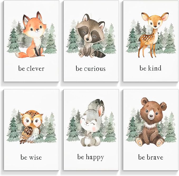 gooptyinh Woodland Nursery Animal Canvas Wall Art, 6 Piece Inspirational Forest Animals Print Posters, Motivational Quotes Cute Bear Fox Rabbit Deer Raccoon Owl Decor for Baby Bedroom 12x16in Unframed