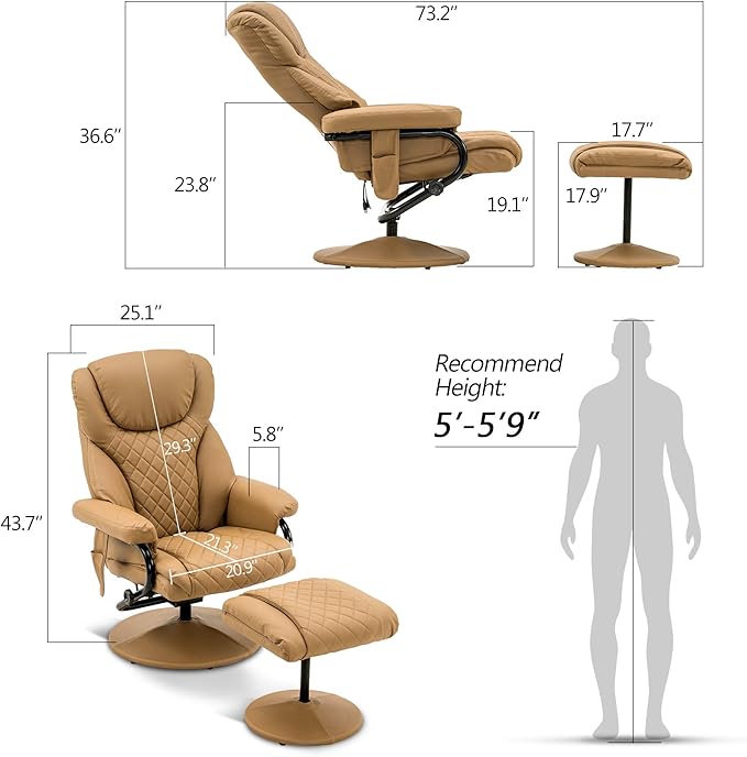 MCombo Recliner with Ottoman, Reclining Chair with Massage, 360 Swivel Living Room Chair Faux Leather, 4901 (Cognac)