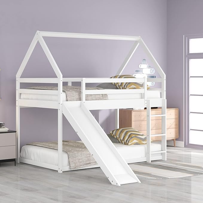 Twin Size Bunk House Bed with Slide and Ladder,can Switch Positions Left & Right,Bedroom Wood Loft Bed Frame W/No Box Spring Required,Easy to Assemble,for Kids Teens Girls Boys,White