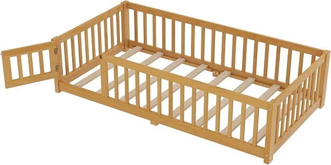 Bellemave Twin Size Floor Bed with Rails for Kids, Girls, Boys, Pine,Plywood Floor Bed with slats and Door, Natural