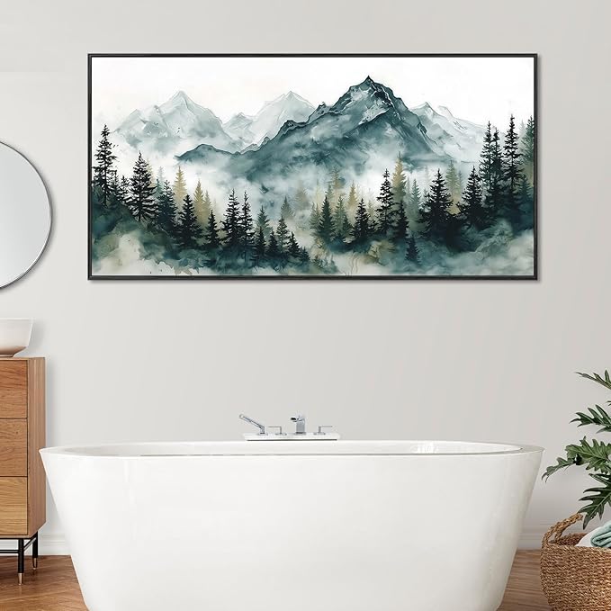 Large Framed Foggy Mountain Wall Art for Living Room, Watercolor Forest Landscape Canvas Paintings Artwork Green Nature Prints Art Rustic Wall Decor Modern Misty Pine Trees Pictures for Office 28"x58"