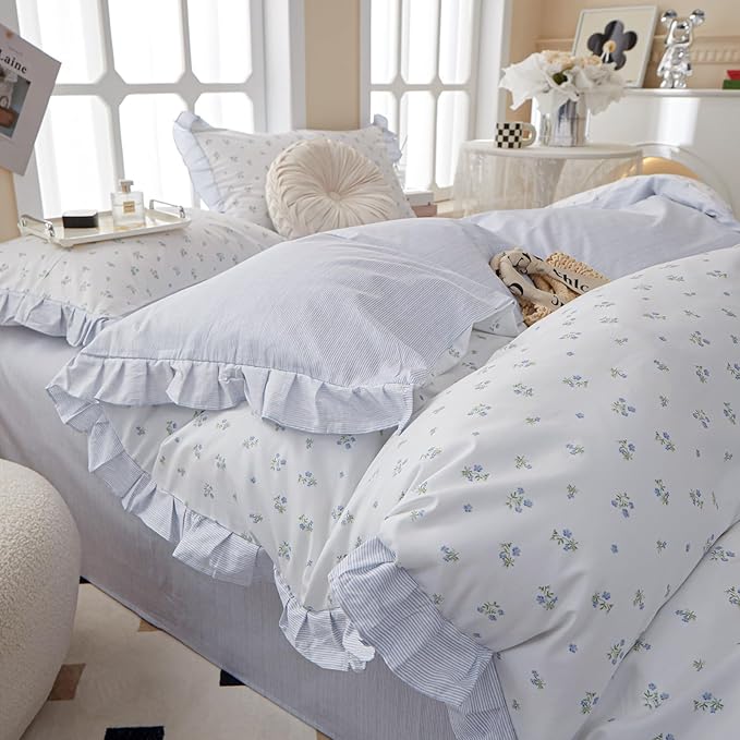 Blue Floral Duvet Cover Full Cute Flower Ruffle Duvet Cover White Soft 100% Cotton Lace Comforter Cover Floral Print Girls Princess Bedding Sets Vintage Botanical Flower Duvet Cover with 2 Pillowcases