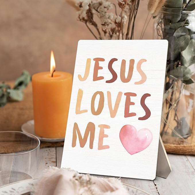 Baby Girl Boy Nursery Decor, Jesus Loves Me Boho Christian Nursery Wooden Stand Sign 5x7 Inch, Religious Bible Verse Decorations Signs for Toddler Girls Boys Room Desk Table Decor