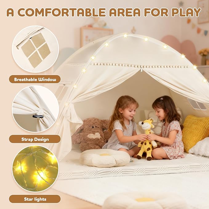 Twin Bunk Bed Tent Canopy for Playhouse, Indoor Portable Foldable Privacy Shelter with Breathable Starry Canopy for Girls & Boys Bedrooms (Twin Beige)