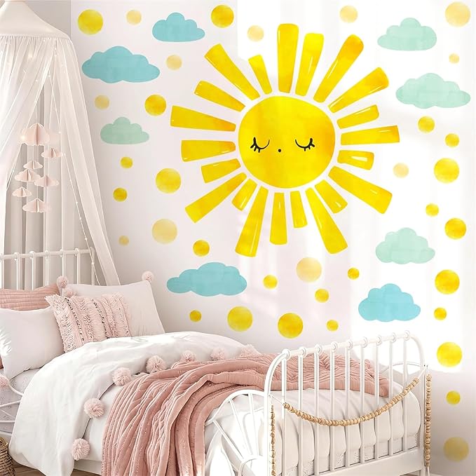 Large Sun Clouds Wall Decals Polka Dots Wall Decals Sun Cloud Wall Stickers for Kids Room Bedroom Nursery Playroom Classroom Decor