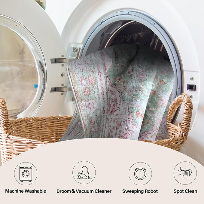 Vhong Boho Area Rugs Vintage Washable Modern Neutral Carpet Green and Pink 8×8 High Traffic Round Rugs for Dinning Room Living Room Bedroom Farmhouse Non Slip