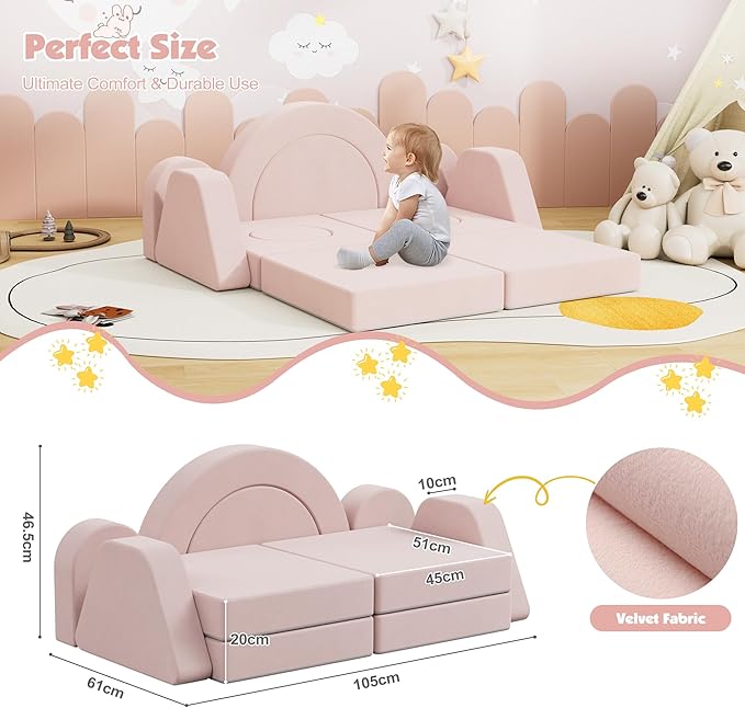 12 PCS Modular Kids Play Block Couch Child Sectional Soft Sofa Toddler Building Fortplay Climbing Bedroom Playroom Baby Convertible Floor Foam Cushion for Boys & Girls (Pink-Double-1)