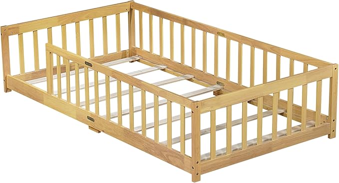 Twin Size Floor Bed for Kids, Wood Montessori Floor Beds with Fence Railings and Slats Support, Twin Playhouse Bed Frame for Boys Girls, No Box Spring Needed, Natural