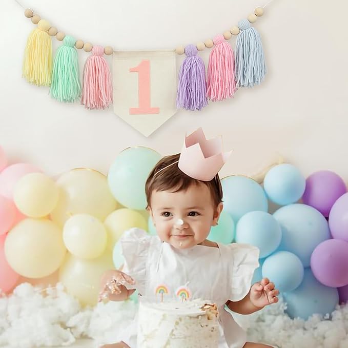 Boho Macaron Handmade 1st Birthday High Chair Banner First Highchair Banner For Baby Girls Wood Bead Tassel Garland 1 Birthday Party Decorations Princess Photoshoot Props Photo Props