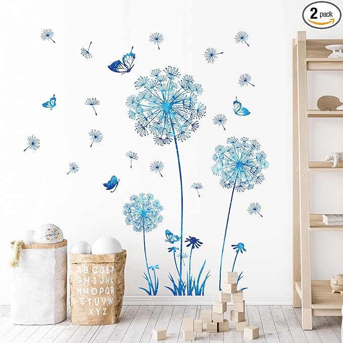 Dandelion Wildflower Wall Decals Art, Calcomanías para Pared Peel and Stick Floral Butterflies Flying Decor for Girls Kids Women Baby Nursery Room Bathroom Sofa Backdrop TV Wall (Light Blue)