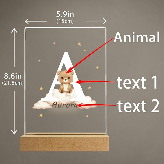 Personalized Baby Night Light with Wooden Base, Custom Name LED Lamp for Kids Room, Forest Animal Nursery Decor, Color-Changing Nightlight for Boys Girls, Unique Baby Shower Birthday Gift