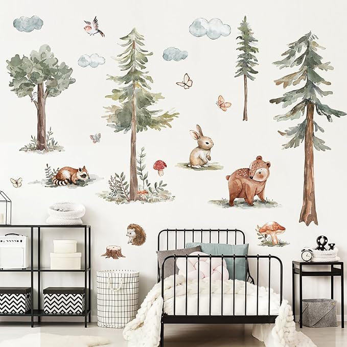 Large Forest Cute Animals Wall Decals - Woodland Pine Tree with Rabbits Birds Peel and Stick Wall Art for Kids Room Nursery Bedroom Living Room Decor