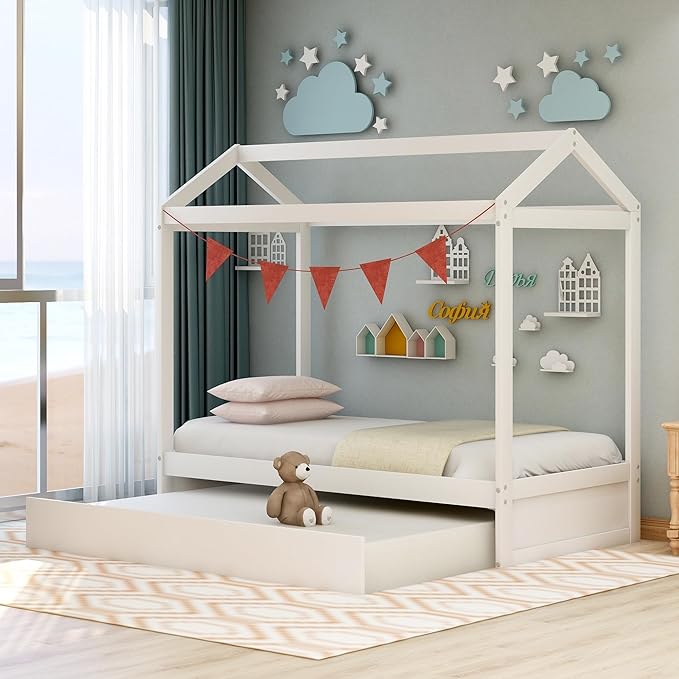 Twin Size House Bed with Trundle and Roof,can be Decorated,Bedroom Wood Platform Bed Frame W/ No Box Spring Required,Easy to Assemble,Save Space,for Kids Teens Girls Boys,Gray