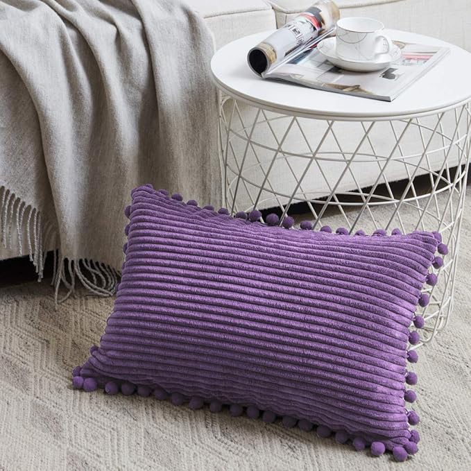 Fancy Homi Pack of 2 Boho Lumbar Decorative Throw Pillow Covers with Pom-poms, Soft Corduroy Solid Rectangle Cushion Cases Set for Living Room Couch Sofa Bedroom Car (12x20 Inch/30x50 cm, Purple)