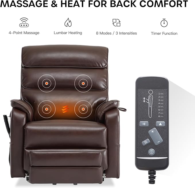 DYNOX 350 LBS Tall Man Power Dual Motor Lift Recliners Chairs for Elderly Lay Flat Lift Chair with Infinite Positions, Heat & Massage, Supports(9198L,Faux Leather,Brown)