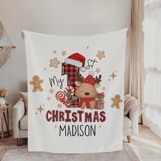 Personalized Baby's First Christmas Blanket, Custom Cute Reindeer Gingerbread Cookie Baby Name Christmas Blanket, Soft Fleece Or Sherpa Throw, Baby Shower, Made in USA