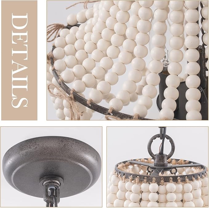 Wood Beaded Chandelier 3-Light Bohemia Pendant Light Fixture Farmhouse Round Hanging Chandelier White Beads with Black Chain for Bedroomn Dining Room Foyer