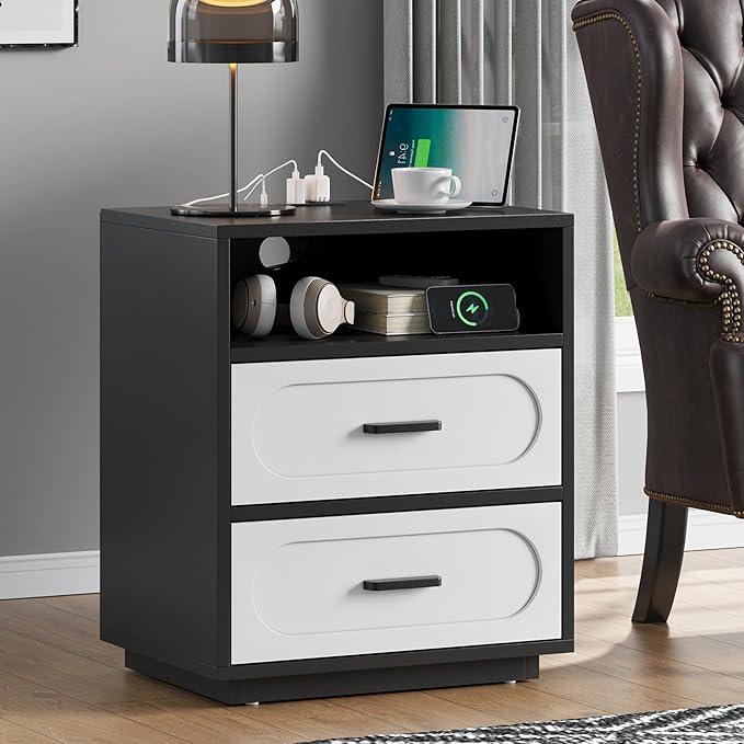 Nightstand Set of 2 with Charging Station, End Table with 2 Drawers Storage, Space-Saving Wood Storage Cabinet with Unique Base Design, Bedside Table for Bedroom, Living Room