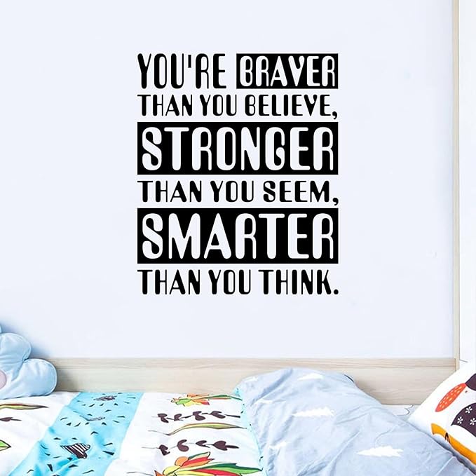 Kids Quotes Wall Decals for Nursery: Baby Inspirational Positive Moon Stars Vinyl Art Wall Stickers - Bedroom Playroom School Wall Decor - You're Braver Than You Believe Stronger 20" X 24"