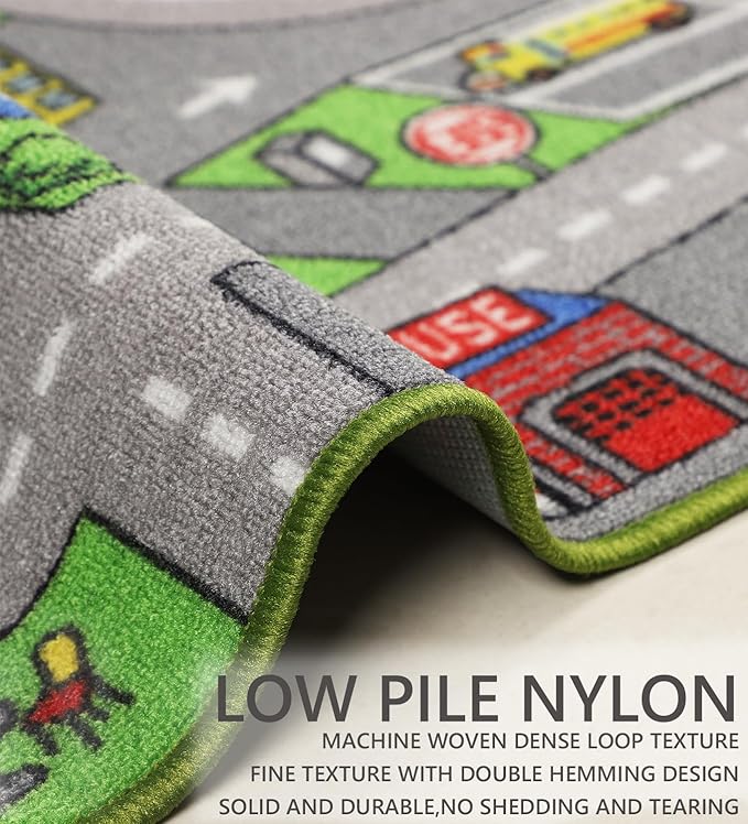 Kids Rug 6'6" x 5'0" City Life Playmat Area Rug Car City Map Washable Traffic Road Educational Learning Nursery Rug Carpet for Children Playroom Living Room Bedroom Classroom Decor Green
