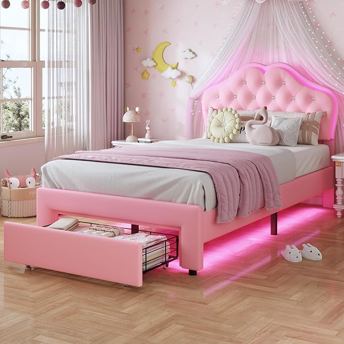 BTHFST Twin Size Girl Bed with Storage Drawer & LED Lights, Upholstered Platform Bed, Adjustable Headboard with Velvet Crystal Button Princess Bed, Solid Wood Slats Support, No Box Spring Needed, Pink