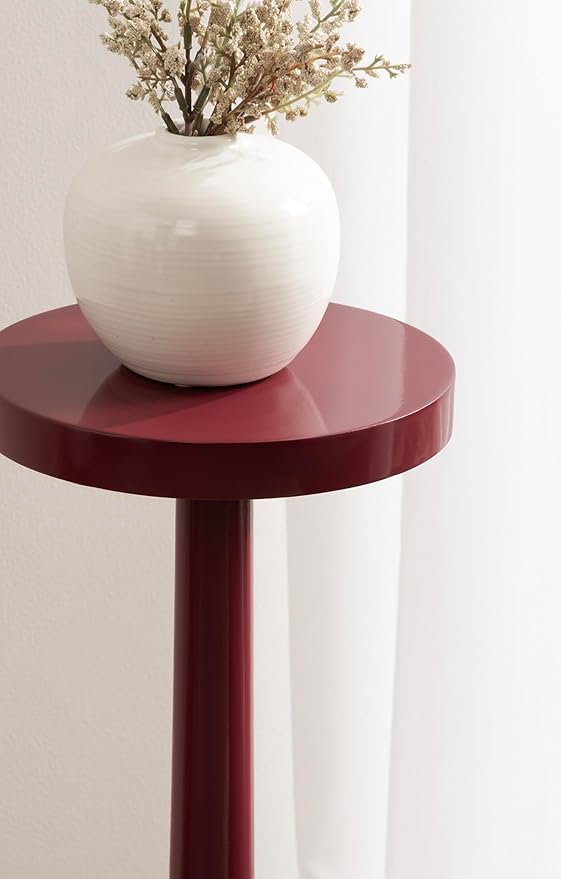 Kate and Laurel Wegner Transitional Wooden Round Drink Table, 8 x 8 x 23, Gloss Red, Modern Durable Pedestal Table for Use as Indoor Plant Stand, or Decorative Living Room Decor Accent