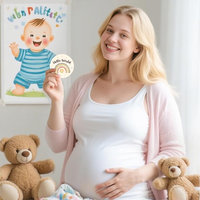 Baby Monthly Milestone Cards Sign - Double Sided Wooden Milestone Cards with Rainbow Design, Wooden Circles Discs for Photo Props Birth Announcement Board, Baby Shower/Gift Newborn Sign Set(13pcs)