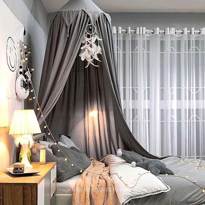 Princess Bed Canopy for Girls, Dreamy Tassels Ceiling Canopy Net Kids Room Decor Soft Canopy Reading Nook, Extra Large Canopies Full Queen Size with Lights - Grey