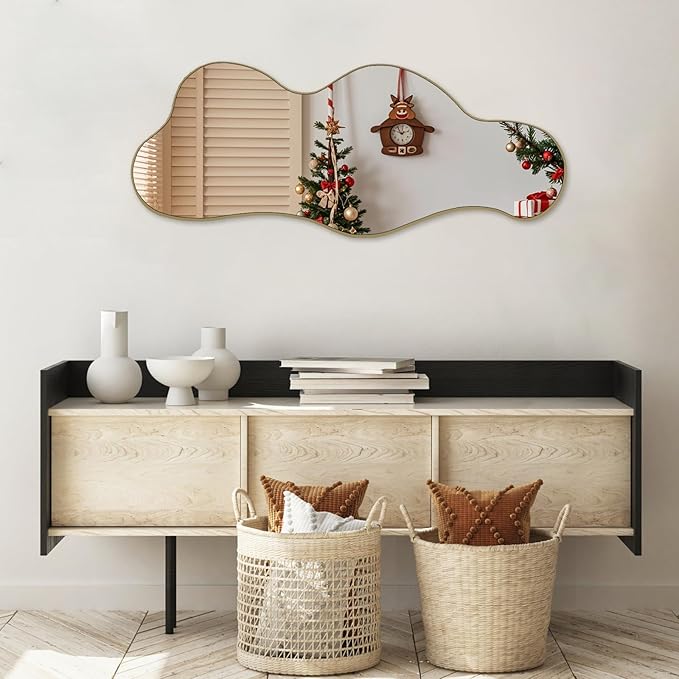 POZINO Irregular Wall Mirror, Asymmetrical Mirrors, 39.3"x16" Cloud Shaped Mirror, Gold Modern Mirrors for Bathroom Living Room Bedroom Entryway