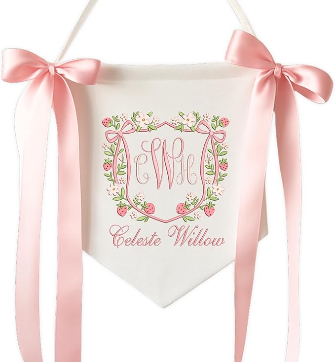 Embroidered Baby Name Sign with Bows Personalized Baby Announcement Sign Newborn Baby Banner Baby Hospital Name Sign Canvas Hanging Pennant Flag Custom Infant Baby Name Baby Shower Banner (16)