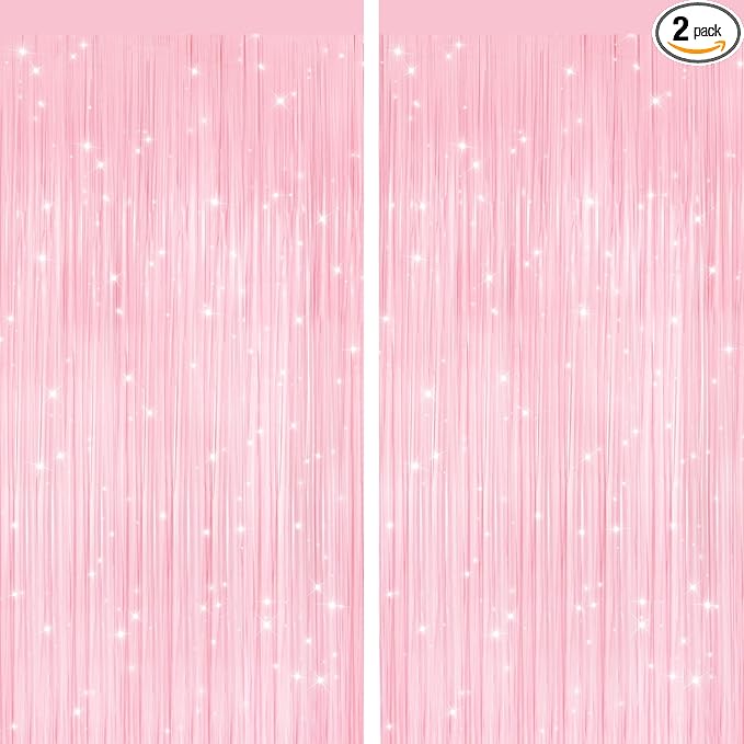 2 Pack Pastel Pink Metallic Tinsel Foil Fringe Curtains, Door Streamers Photo Booth Backdrop for Birthday Party, Tinsel Curtain Backdrop for Baby Shower Bachelorette Christmas Party Decorations