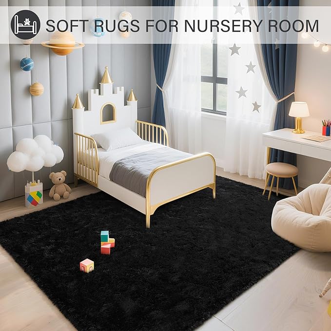 BENRON Fluffy Rugs for Living Room 5x8 Black, Washable Large Area Rugs for Bedroom Dining Table Office Kids Nursery Room, Washable Indoor Floor Carpets