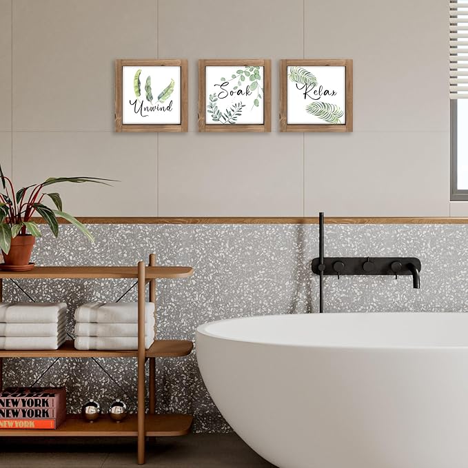 pechpell 3 Piece Relax Soak Unwind Wall Art Bathroom Signs, Wooden Sage Green Botanical Bathroom Decor, Nature Leaves Plant Pictures Table Top Shelf Desk Bedroom Rustic Farmhouse Home Decorations
