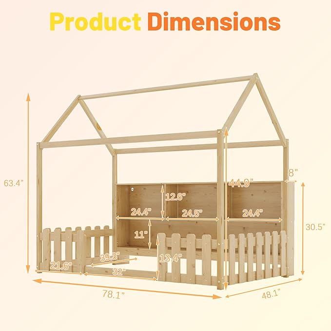 Twin Size Montessori Bed for Kids, Montessori Floor Bed with LED Light and Storage Bookshelf, Kids Beds with Guardrails for Boys & Girls, Natural