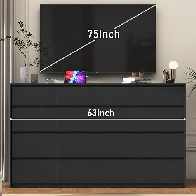 Black Malm Dresser for Bedroom, 63" Wide 37" Tall Dresser with 12 Drawers & Charging Station, Modern Large Wood Chest of Drawers Handle Free for Bedroom, Living Room, Entryway, Hallway, Black