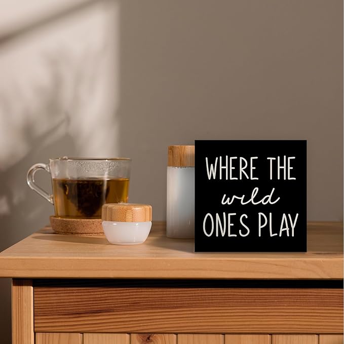 Where The Wild Ones Play Black Wood Box Sign Desk Decor 5X5, Nursery Kids Room Wooden Block Sign Decorations for Playroom Toddler Boys Girls Room Wall Tabletop Shelf Decor