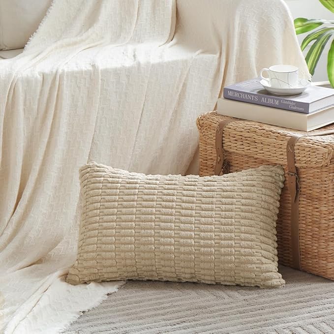 Fancy Homi 2 Packs Tan Lumbar Decorative Throw Pillow Covers 16x24 Inch for Living Room Couch Bed Sofa, Rustic Farmhouse Boho Home Decor, Soft Striped Corduroy Rectangle Cushion Case 40x60 cm