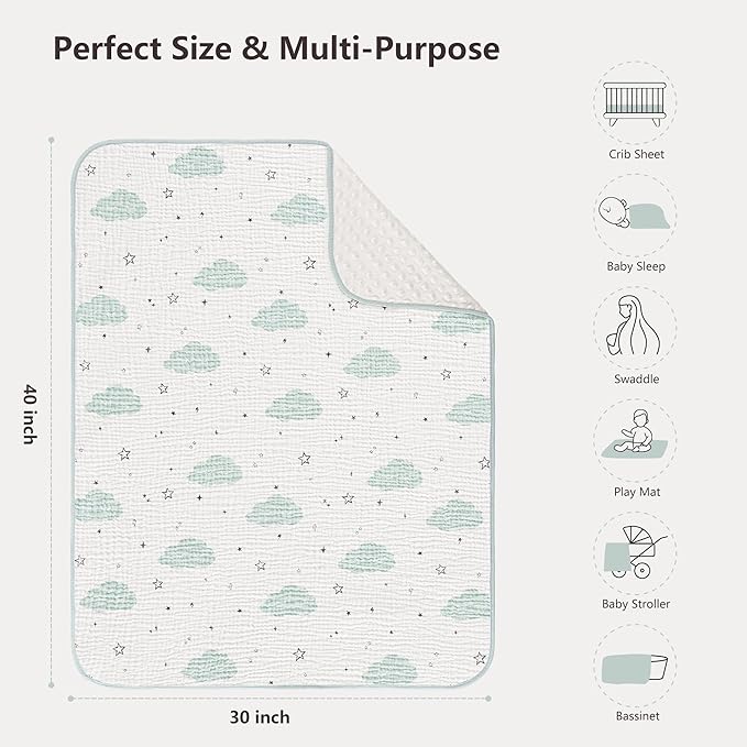 Susurration Baby Blanket for Unisex Boys Girls, Soft Nursery Minky Blanket with Muslin Cotton Front and Dotted Fleece Back, Receiving Blanket for Baby Newborn Infant, 30x40inch (Cloud)