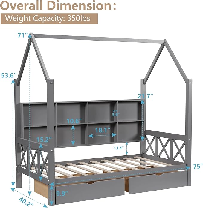 Twin House Bed with Roof and 2 Storage Drawers for Kids, Wooden Twin Size Bed Frame with Storage Shelves Guardrails and Wood Slats for Boys Girls, No Box Sping Required, Gray
