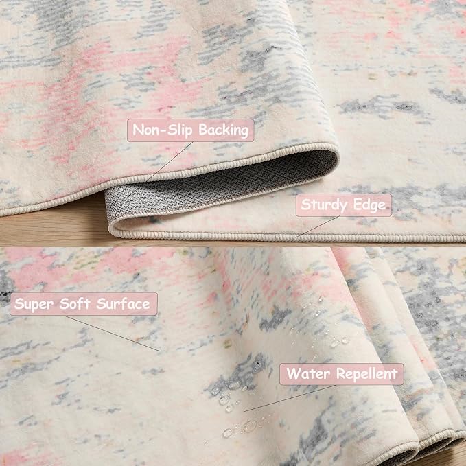 Large Washable Area Rug 6x9 Gray and Pink Non Slip Vintage Rugs for Living Room, Boho Accent Rug Soft Printed Floor Carpet for Nursery Dining Room