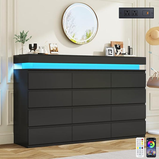 12 Drawer Dresser for Bedroom, 70" Wide 44" Tall Dresser with LED Light & Charging Station, Modern Chest of Drawers for Closet, Living Room, Entryway, Hallway (Black, 12 Drawers)
