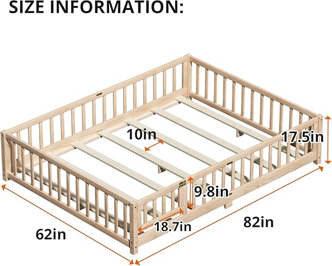 i-POOK Queen Floor Bed for Children, Sturdy Wood Montessori Bed Frame with Wood Slats, High Fence & Small Door, Montessori Floor Bed for Girls and Boys, Natural