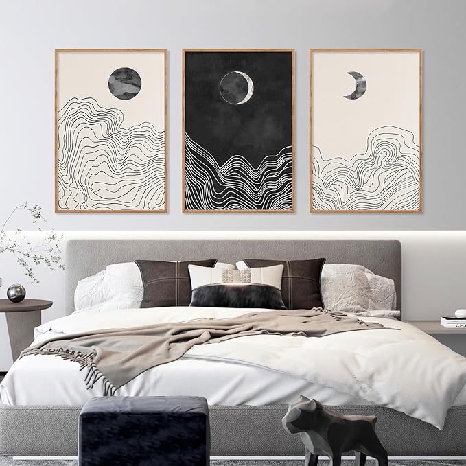 HLNIUC Black and White Abstract Wall Art Set of 3, Large Boho Framed Canvas Decor(24x36), Modern Celestial Sun Moon Painting, Geometric Line Mountain Art Print for Living Room, Bedroom, Office
