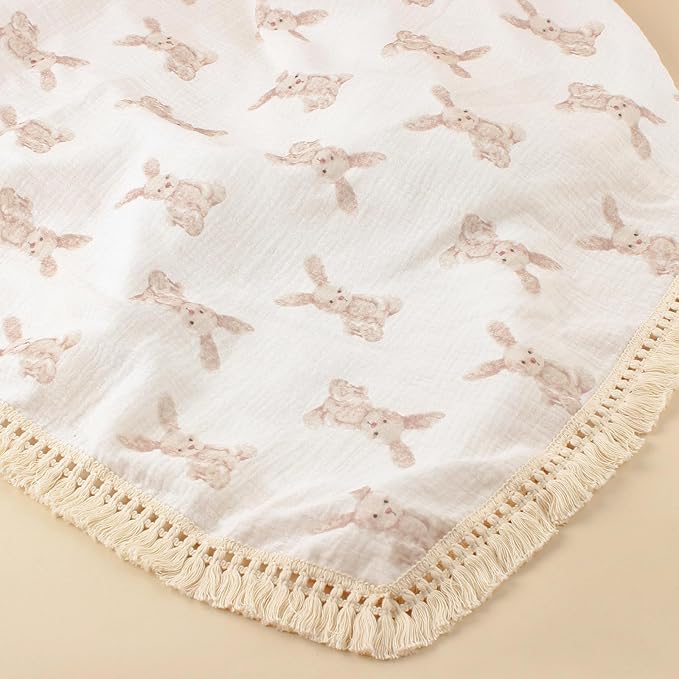 Little Jump Cotton Muslin Swaddle Blankets with Tassel, Boho Bohimia Muslin Baby Blanket Neutral with Fringe, Vintage Teddy Bear Nursery Decor Muslin Throw Blanket 47" x40" (Bunny)