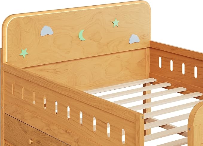 Full Size Platform Bed with Guardrail and 4 Drawers, Wooden Kids Platform Bed Frame with Two-Step Staircases and Light Strip for Boys Girls, Sturdy Slats Support (Wood-11A)