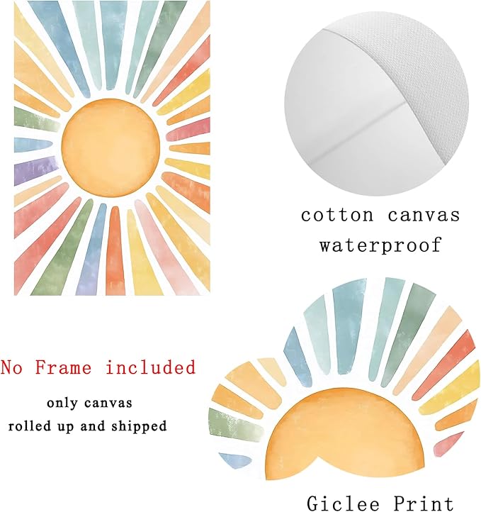 Boho Sun Canvas Wall Art Nursery Sun Prints Watercolor Sunshine Art Colorful Sunshine Poster Abstract Geometric Painting Colorful Geometric Prints Modern Minimalist Poster 16x24inch Frameless