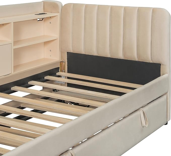 Twin Size Daybed with Trundle and Storage L-Shaped Bookshelf Headboard, Velvet Upholstered Soft Corner Bed with Charging Station and Shelves for Kids Boys Girls, Beige